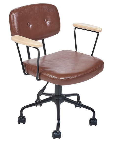 Office Chair Brown Faux Leather Swivel Adjustable Height with Armrests Home Office Study Traditional Beliani