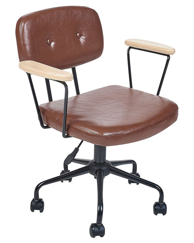 Office Chair Brown Faux Leather Swivel Adjustable Height with Armrests Home Office Study Traditional Beliani