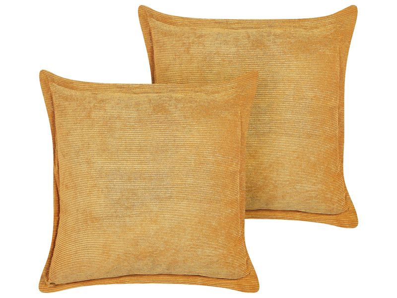 Set of 2 Yellow Decorative Pillows Corduroy 43 x 43 cm Modern Traditional Living Room Bedroom Cushions Beliani