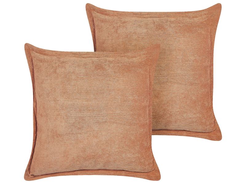 Set of 2 Orange Decorative Pillows Corduroy 43 x 43 cm Modern Traditional Living Room Bedroom Cushions Beliani