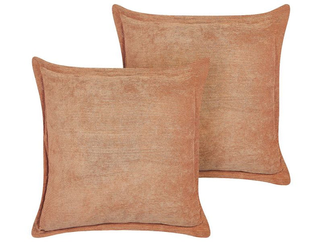 Set of 2 Orange Decorative Pillows Corduroy 43 x 43 cm Modern Traditional Living Room Bedroom Cushions Beliani