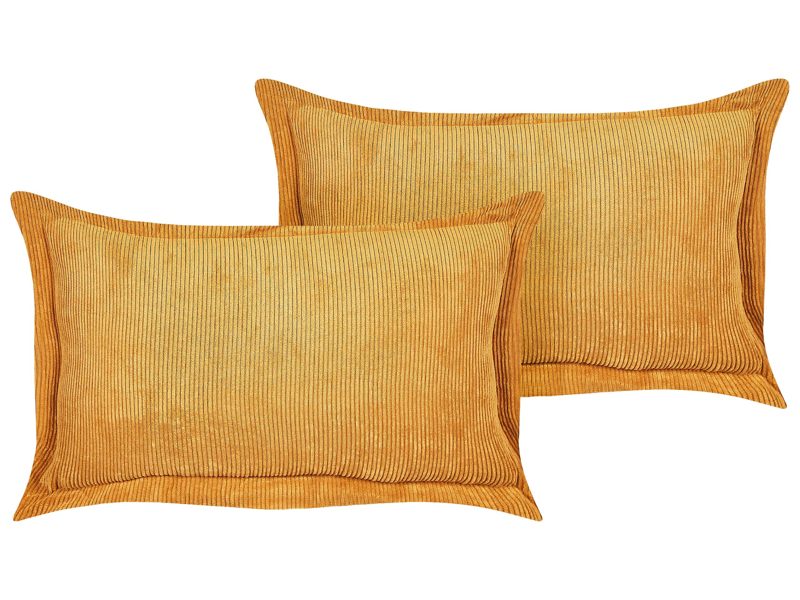 Set of 2 Yellow Decorative Pillows Corduroy 47 x 27 cm Modern Traditional Living Room Bedroom Cushions Beliani