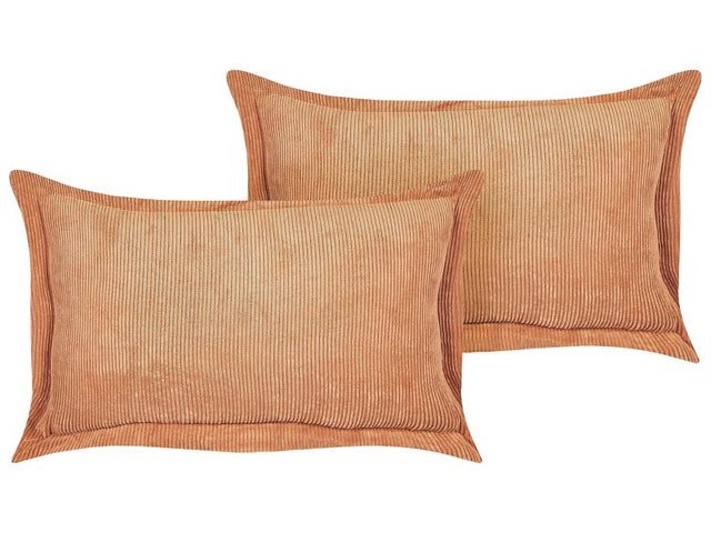 Set of 2 Orange Decorative Pillows Corduroy 47 x 27 cm Modern Traditional Living Room Bedroom Cushions Beliani