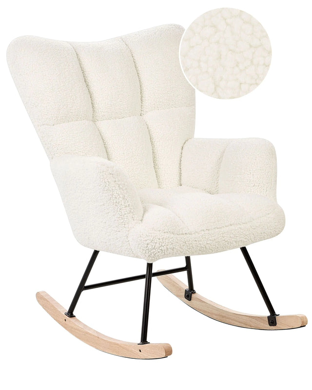 Rocking Chair White Boucle Fabric Upholstery Wooden Legs Skates Modern Biscuit Tufting Beliani