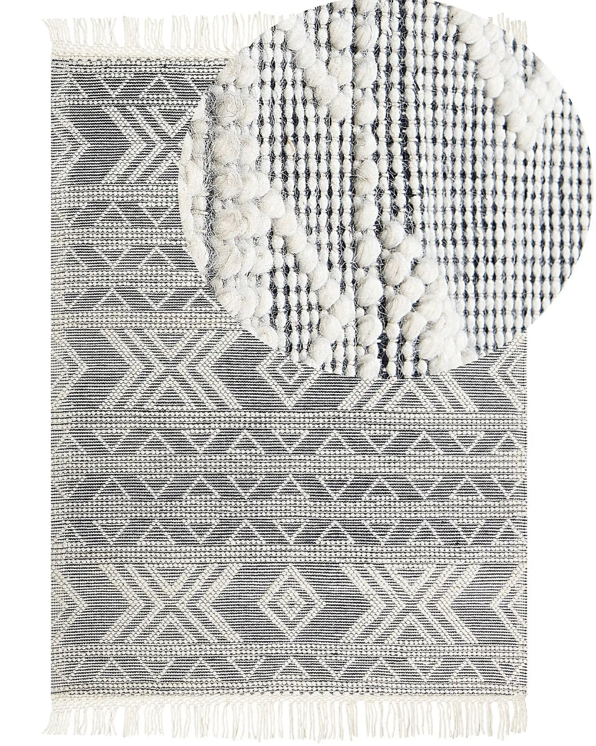 Area Rug White and Black Wool 160 x 230 cm Geometrical Pattern with Tassels Hand Woven Living Room Bedroom Boho Modern Beliani