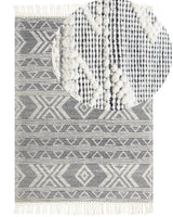 Area Rug White and Black Wool 160 x 230 cm Geometrical Pattern with Tassels Hand Woven Living Room Bedroom Boho Modern Beliani