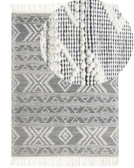 Area Rug White and Black Wool 160 x 230 cm Geometrical Pattern with Tassels Hand Woven Living Room Bedroom Boho Modern Beliani