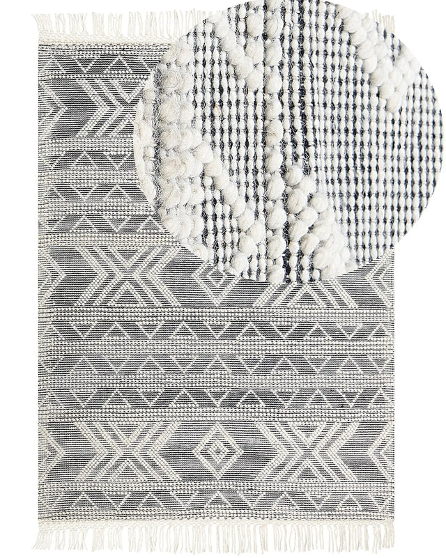 Area Rug White and Black Wool 160 x 230 cm Geometrical Pattern with Tassels Hand Woven Living Room Bedroom Boho Modern Beliani