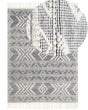 Area Rug White and Black Wool 160 x 230 cm Geometrical Pattern with Tassels Hand Woven Living Room Bedroom Boho Modern Beliani