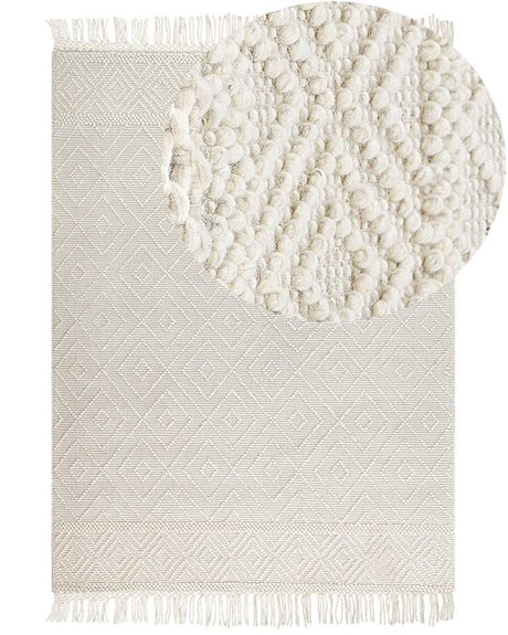 Area Rug Beige Wool 160 x 230 cm with Tassels Hand Woven Living Room Bedroom Boho Modern Beliani