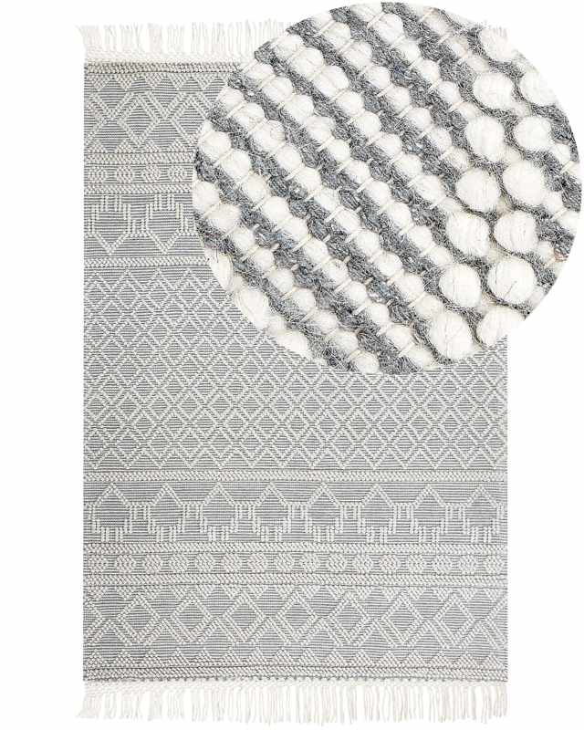 Area Rug Beige and Grey Wool 160 x 230 cm Geometric Pattern with Tassels Hand Woven Living Room Bedroom Boho Modern Beliani