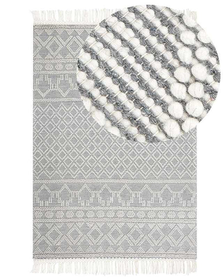 Area Rug Beige and Grey Wool 200 x 300 cm Geometric Pattern with Tassels Hand Woven Living Room Bedroom Boho Modern Beliani