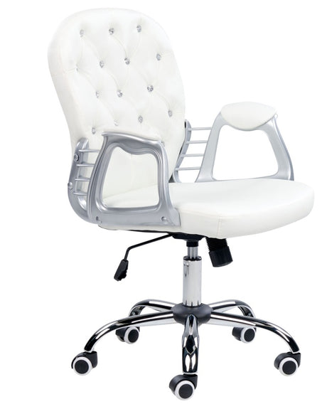 Office Chair White Faux Leather Gas Lift Height Adjustable Crystal Button with Tufted Backrest and Full Swivel Beliani