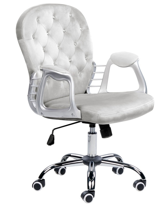 Office Chair Light Grey Velvet Gas Lift Height Adjustable Crystal Button with Tufted Backrest and Full Swivel Beliani