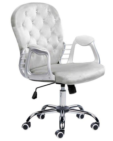 Office Chair Light Grey Velvet Gas Lift Height Adjustable Crystal Button with Tufted Backrest and Full Swivel Beliani