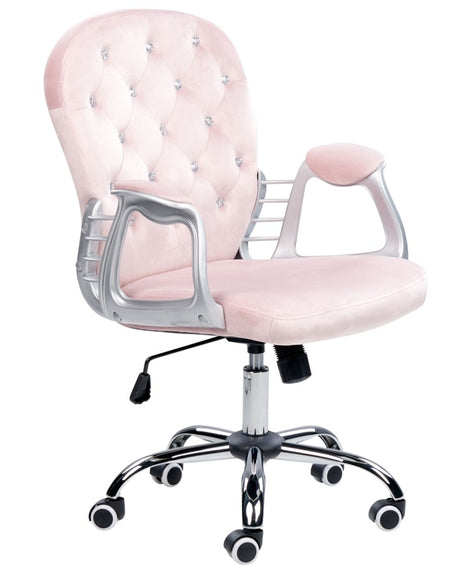 Office Chair Pink Velvet Gas Lift Height Adjustable Crystal Button with Tufted Backrest and Full Swivel Beliani