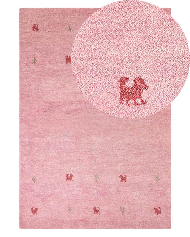 Wool Area Rug Pink 140 x 200 cm Hand Tufted Western Motif Rustic Modern Design Beliani