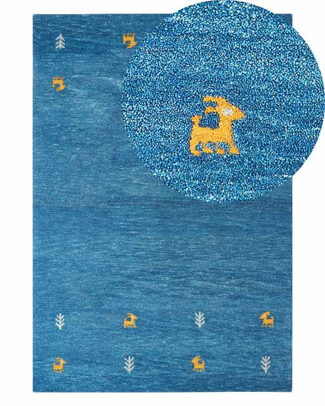 Wool Area Rug Blue 140 x 200 cm Hand Tufted Western Animal Motif Rustic Design Beliani