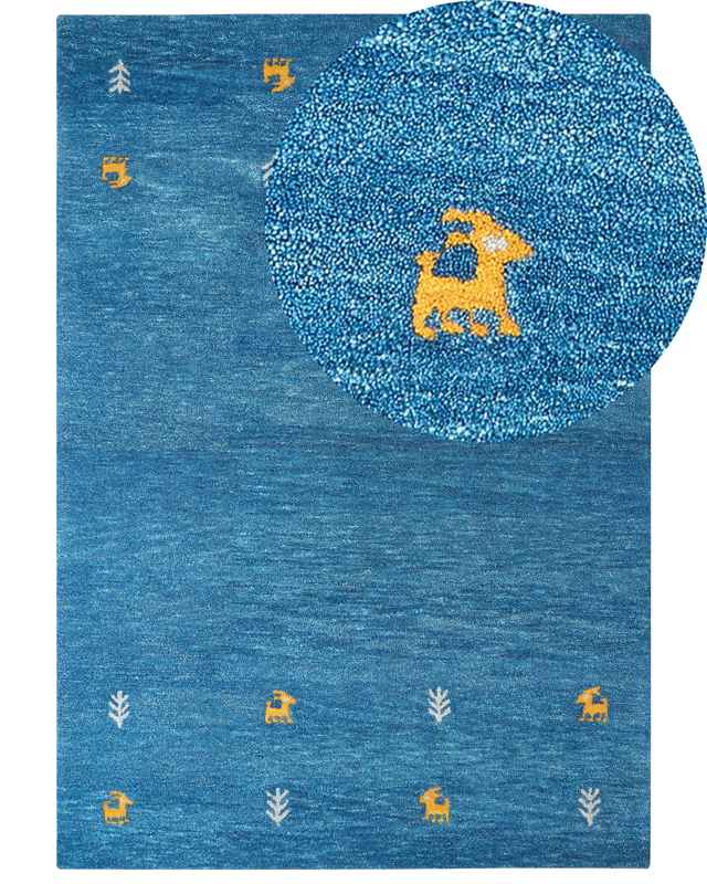 Wool Area Rug Blue 160 x 230 cm Hand Tufted Western Animal Motif Rustic Design Beliani