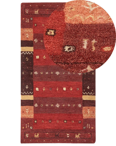 Area Rug Red Wool 80 x 150 cm Thick Dense Pile Traditional Rustic Pattern Log Cabin Farmhouse Style Beliani