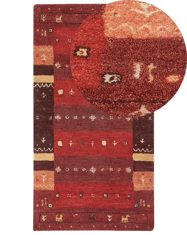 Area Rug Red Wool 80 x 150 cm Thick Dense Pile Traditional Rustic Pattern Log Cabin Farmhouse Style Beliani