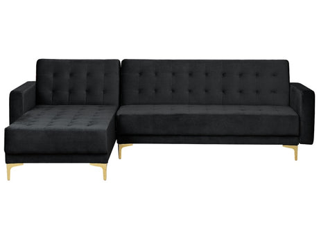 Corner Sofa Bed Black Velvet Tufted Fabric Modern L-Shaped Modular 4 Seater Left Hand Chaise Longue Beliani