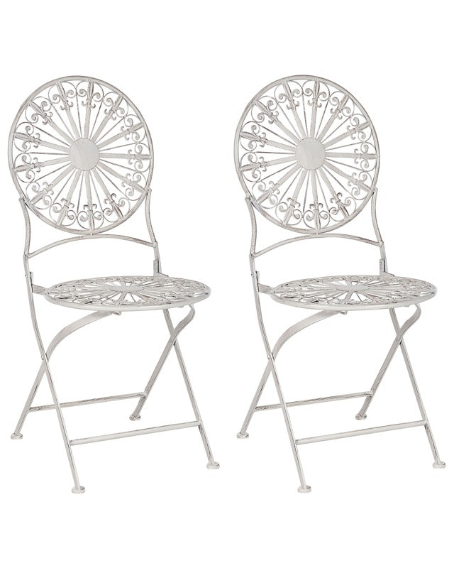 Set of 2 Garden Bistro Chairs White Iron Foldable Outdoor Distressed Effect UV Rust Resistance French Retro Style Beliani