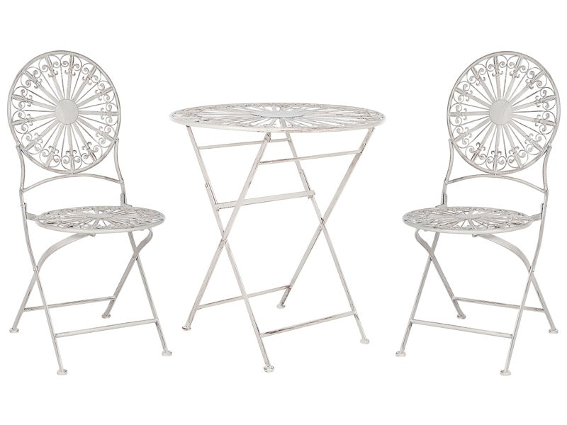 Garden Bistro Set White Iron Foldable 2 Chairs Table Outdoor Distressed Effect UV Rust Resistance French Retro Style Beliani