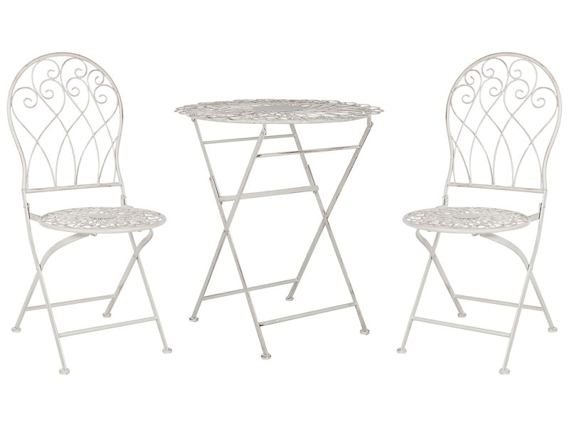 Garden Bistro Set White Metal Distressed Effect  3 Piece Table and Chairs Beliani