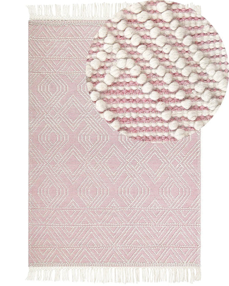 Rug Pink White Wool Polyester 160 x 230 cm Geometric Pattern Tassels Boho Modern  Beliani