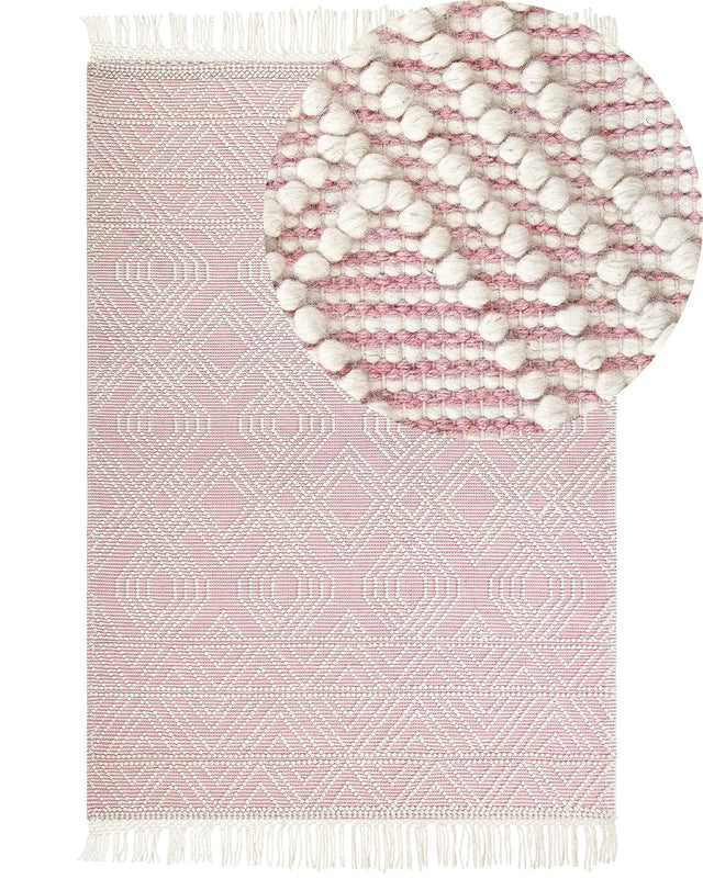 Rug Pink White Wool Polyester 160 x 230 cm Geometric Pattern Tassels Boho Modern  Beliani