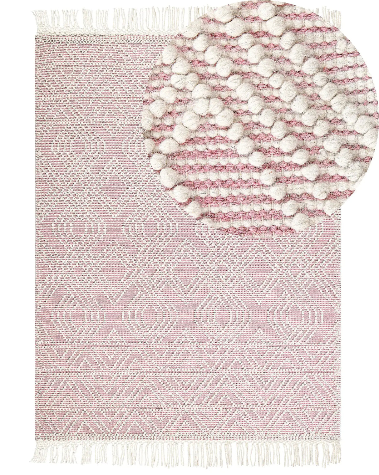Rug Pink White Wool Polyester 200 x 300 cm Geometric Pattern Tassels Boho Modern  Beliani