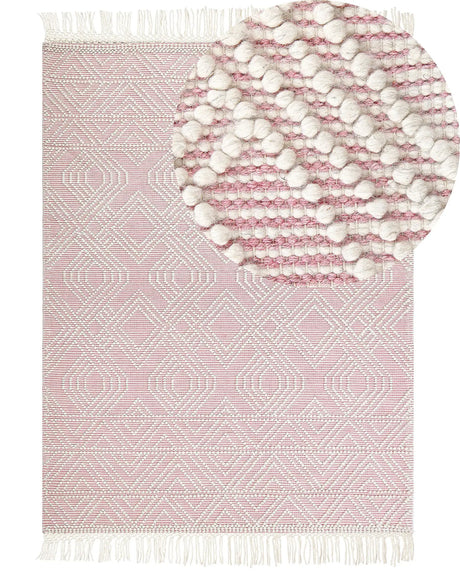 Rug Pink White Wool Polyester 200 x 300 cm Geometric Pattern Tassels Boho Modern  Beliani