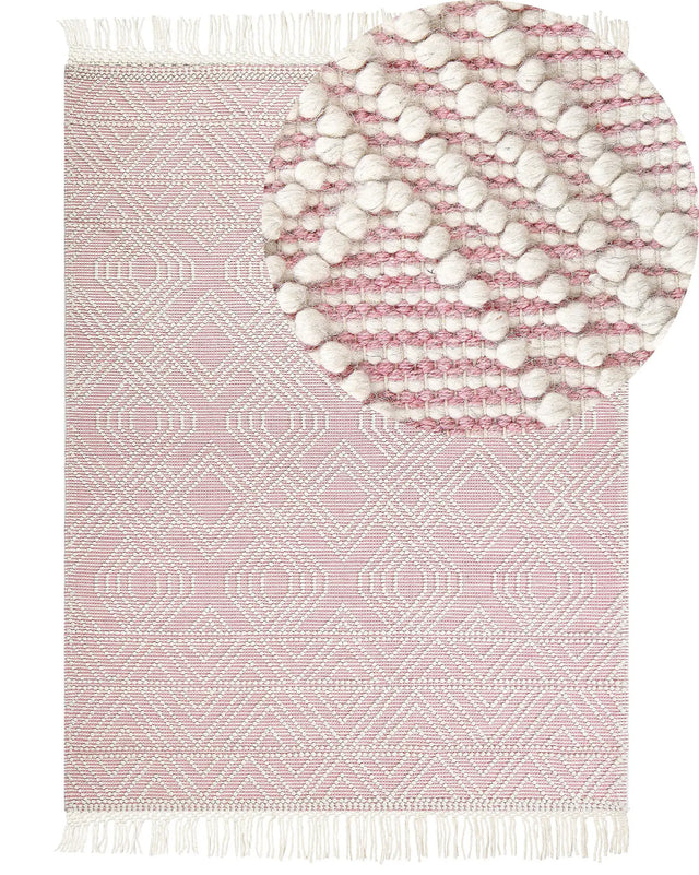 Rug Pink White Wool Polyester 200 x 300 cm Geometric Pattern Tassels Boho Modern  Beliani