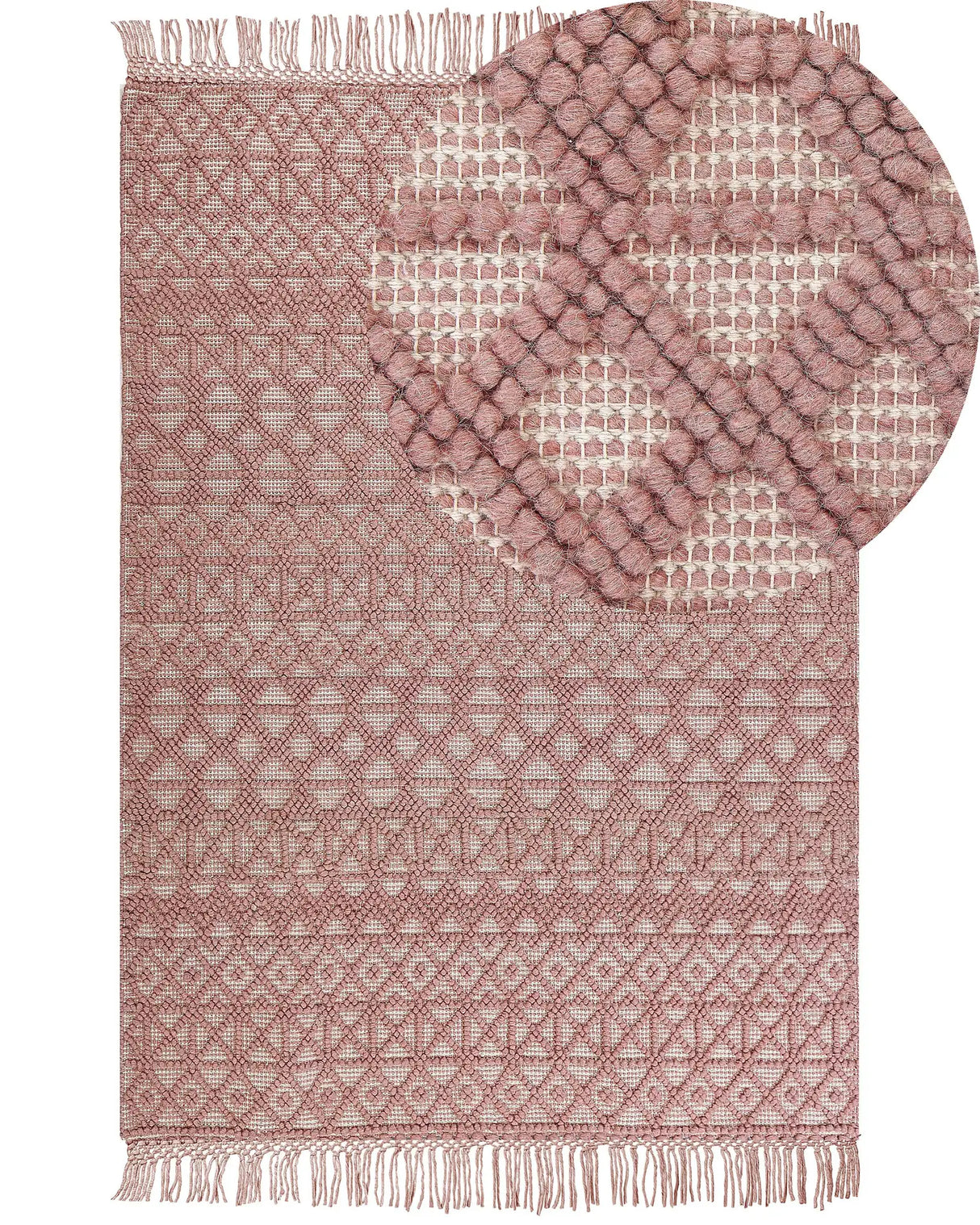 Rug Pink Wool Polyester 160 x 230 cm Geometric Pattern Tassels Boho Modern  Beliani