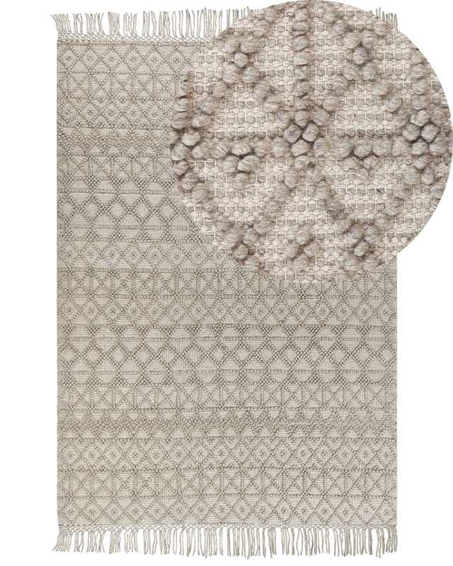 Rug Beige Wool Polyester 160 x 230 cm Geometric Pattern Tassels Boho Modern  Beliani