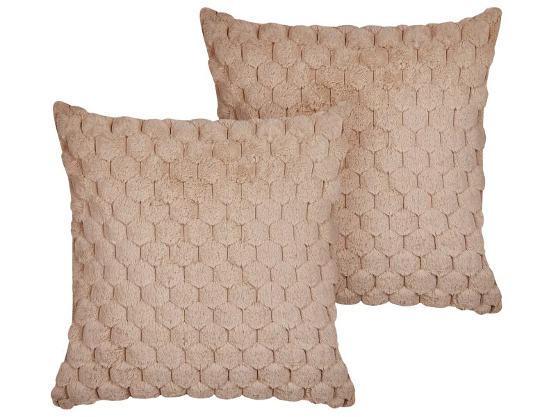 Set of 2 Scatter Cushions Sand Beige Faux Fur 43 x 43 cm Fluffy Throw Pillow Honeycomb Geometric Pattern Removable Cover with Filling Beliani