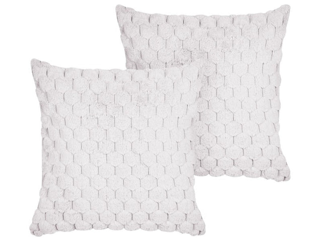 Set of 2 Scatter Cushions White Faux Fur 43 x 43 cm Fluffy Throw Pillow Honeycomb Geometric Pattern Removable Cover with Filling Beliani