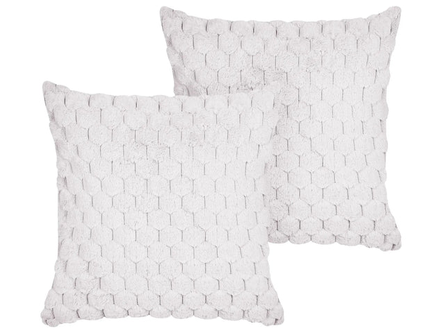 Set of 2 Scatter Cushions White Faux Fur 43 x 43 cm Fluffy Throw Pillow Honeycomb Geometric Pattern Removable Cover with Filling Beliani