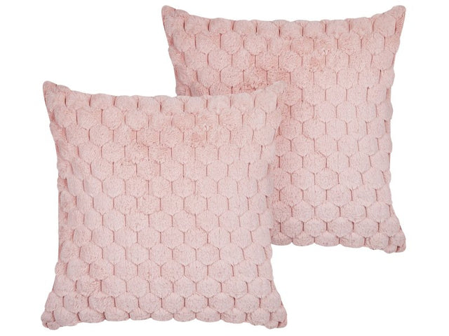 Set of 2 Scatter Cushions Pastel Pink Faux Fur 43 x 43 cm Fluffy Throw Pillow Honeycomb Geometric Pattern Removable Cover with Filling Beliani