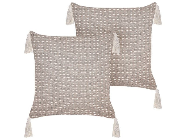 Set of 2 Scatter Cushions Taupe 42 x 42 cm Throw Pillow Geometric Pattern Tassels Removable Cover with Filling Beliani