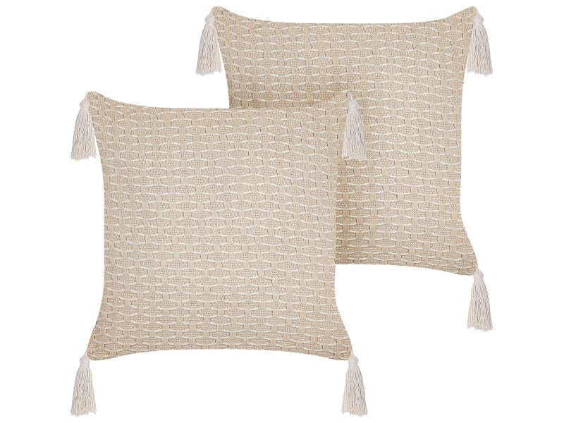 Set of 2 Scatter Cushions Light Beige 42 x 42 cm Throw Pillow Geometric Pattern Tassels Removable Cover with Filling Beliani