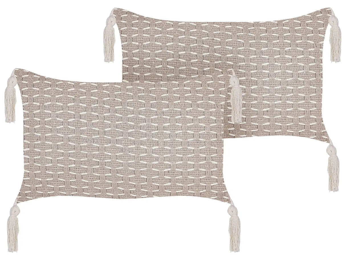 Set of 2 Scatter Cushions Taupe 25 x 45 cm Throw Pillow Geometric Pattern Tassels Removable Cover with Filling Beliani