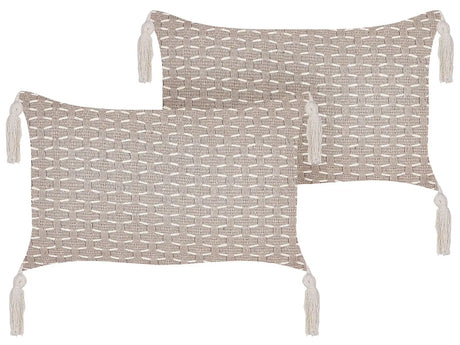 Set of 2 Scatter Cushions Taupe 25 x 45 cm Throw Pillow Geometric Pattern Tassels Removable Cover with Filling Beliani