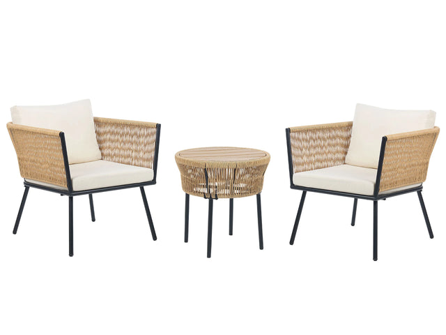 Bistro Set Natural Off-White PE Rattan Detachable Pillows Coffee Table Outdoor Garden  Beliani