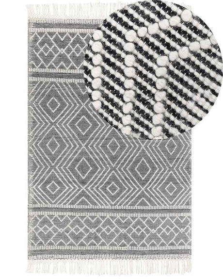 Area Rug Black and White Wool Cotton 160 x 230 cm Hand Woven Flat Weave with Tassels Geometric Pattern Beliani