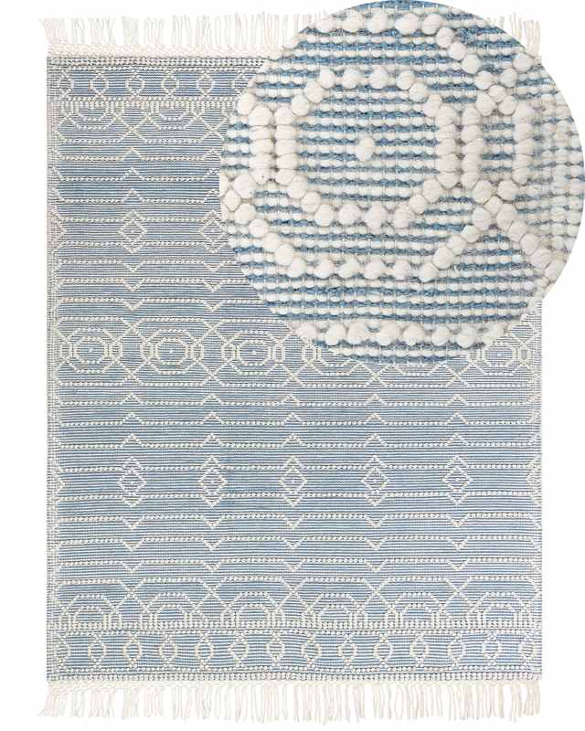 Area Rug Blue Wool Cotton 160 x 230 cm Hand Woven Flat Weave with Tassels Geometric Pattern Beliani