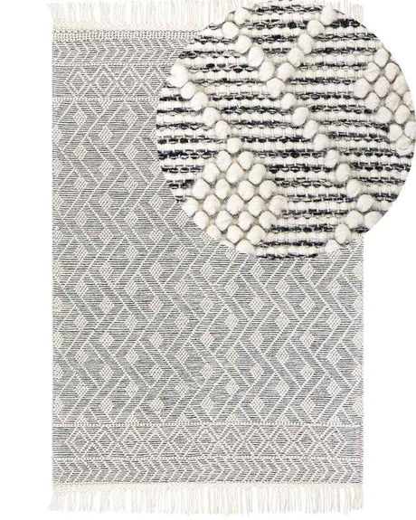 Area Rug Black and White Wool Cotton 160 x 230 cm Hand Woven Flat Weave with Tassels Geometric Pattern Beliani