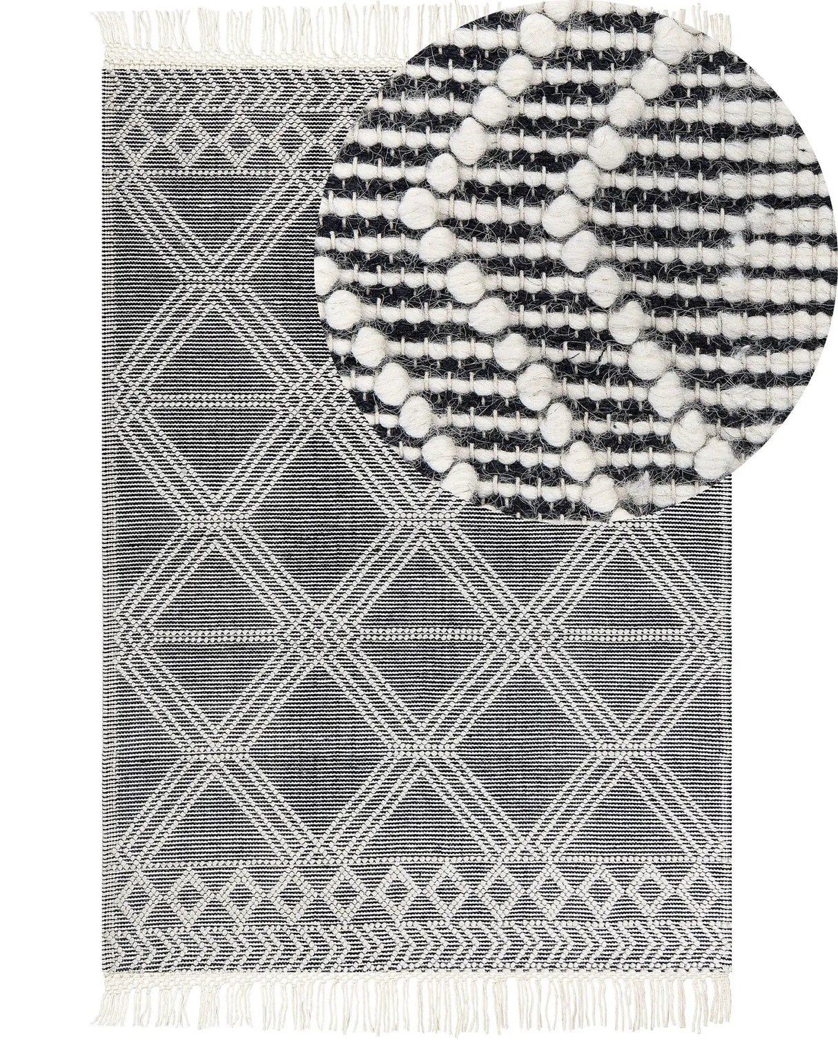 Area Rug Grey and Off-White Wool Cotton 160 x 230 cm Hand Woven Flat Weave with Tassels Geometric Pattern Beliani