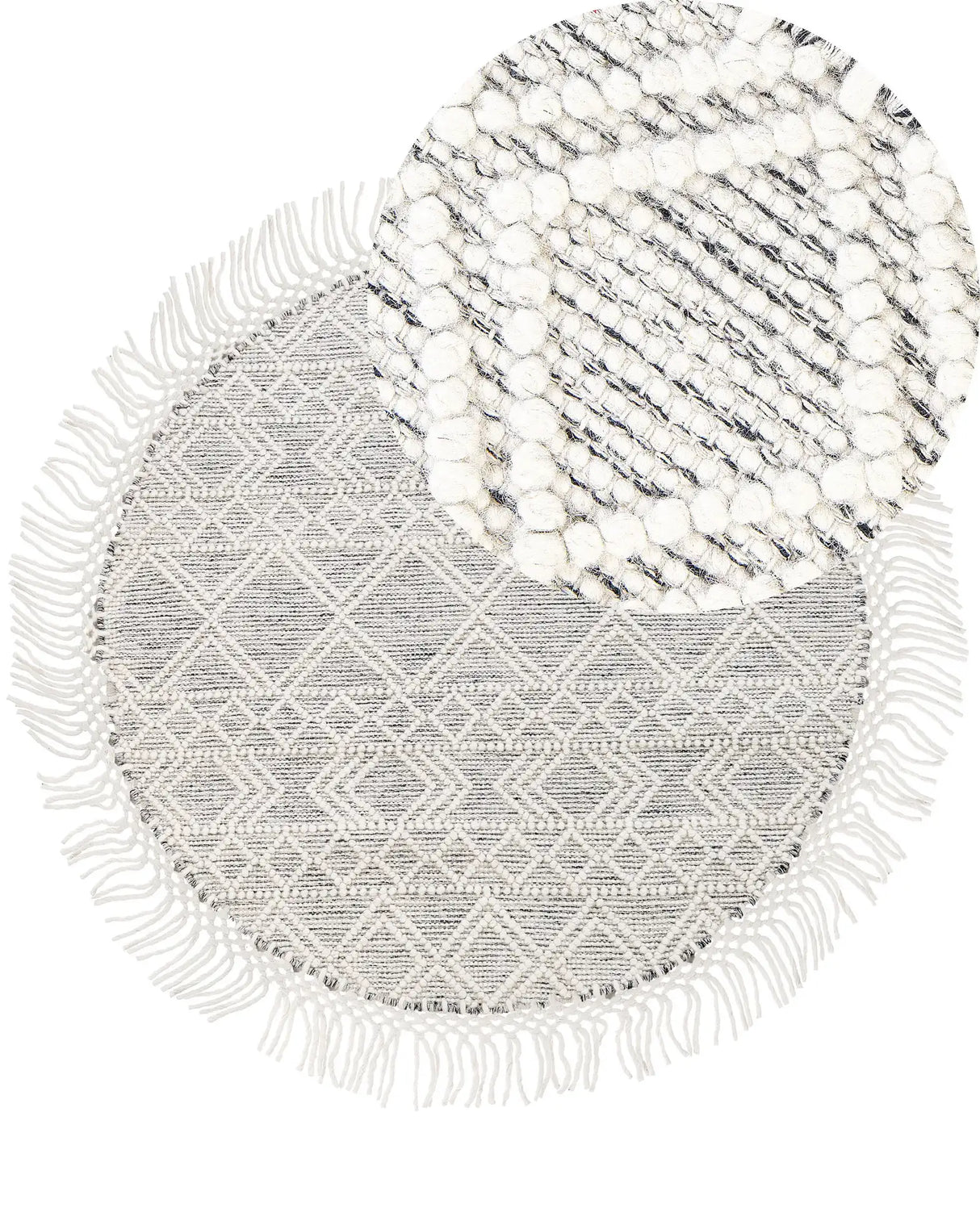 Area Rug Grey and Off-White Wool Polyester  140 cm Hand Woven Flat Weave with Tassels Geometric Pattern Beliani